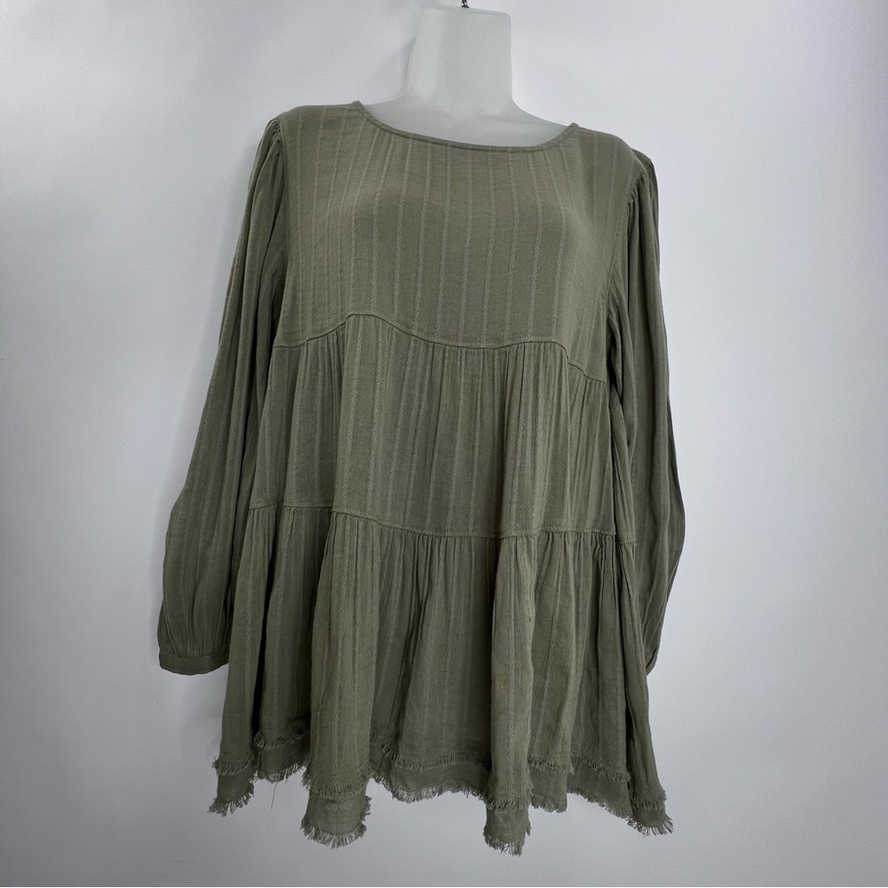 American Eagle Womens S Olive Green Tiered Babydoll Long Sleeve Boho Top